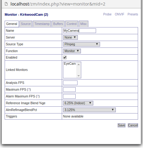 Camera Configuration Panel with Zoneminder 1.30.0