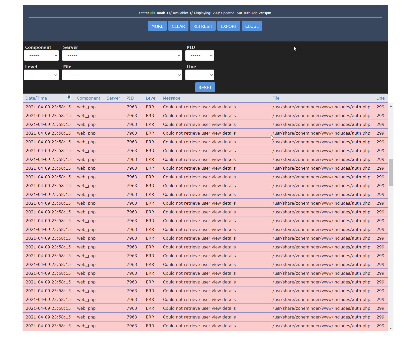 ZM View=Log UI showing the event duplicated many times