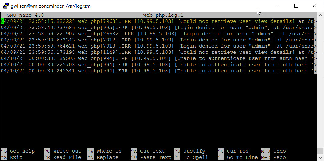 Linux Log File showing one line for the event