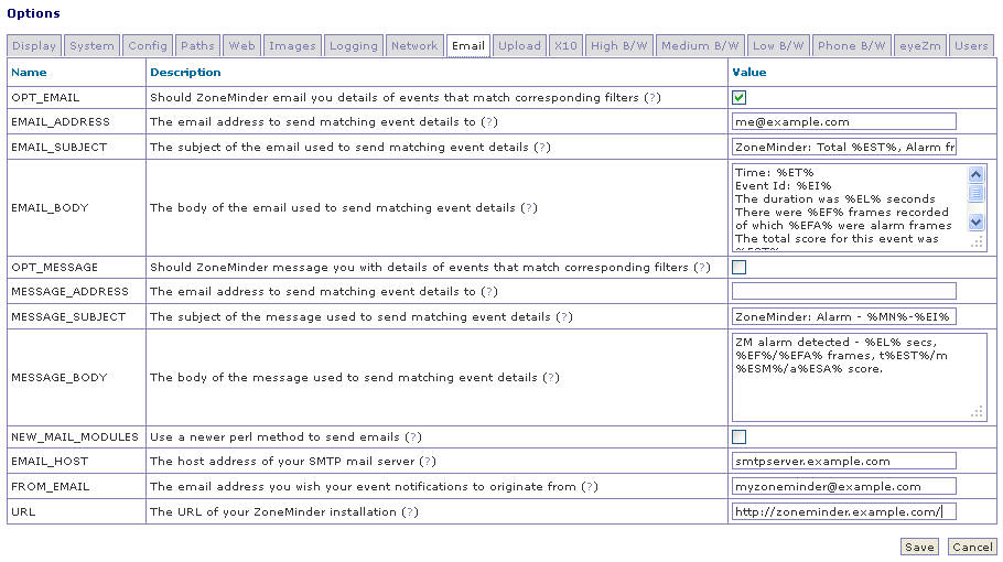 Settings for &quot;Options -&gt; Email&quot;.