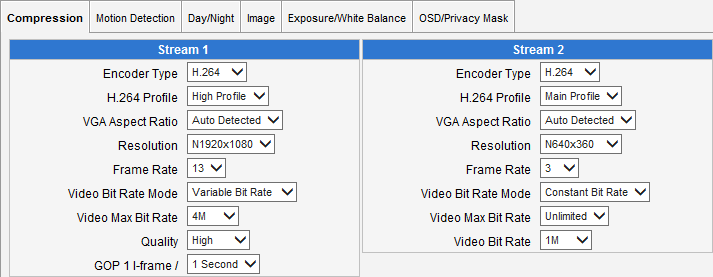 Video settings in ACTi D72A camera