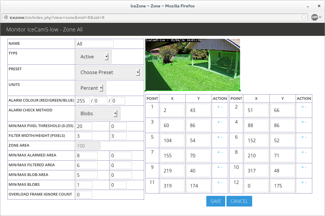 The zone settings for the camera.