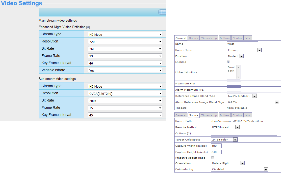 Screenshots of FI9803 and ZM settings